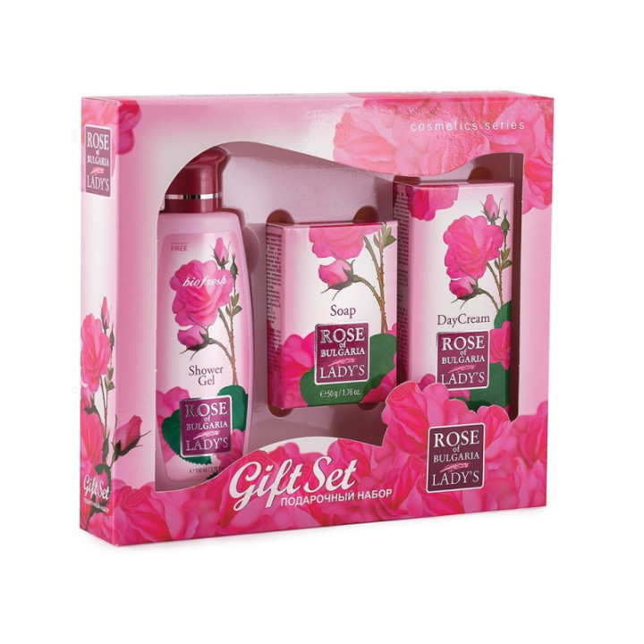 Lote de Regalo Rosa Señora (Gel de Ducha 100 ml + Jabón 50 gr+ Crema de Día 30ml) Rosa de Bulgaria