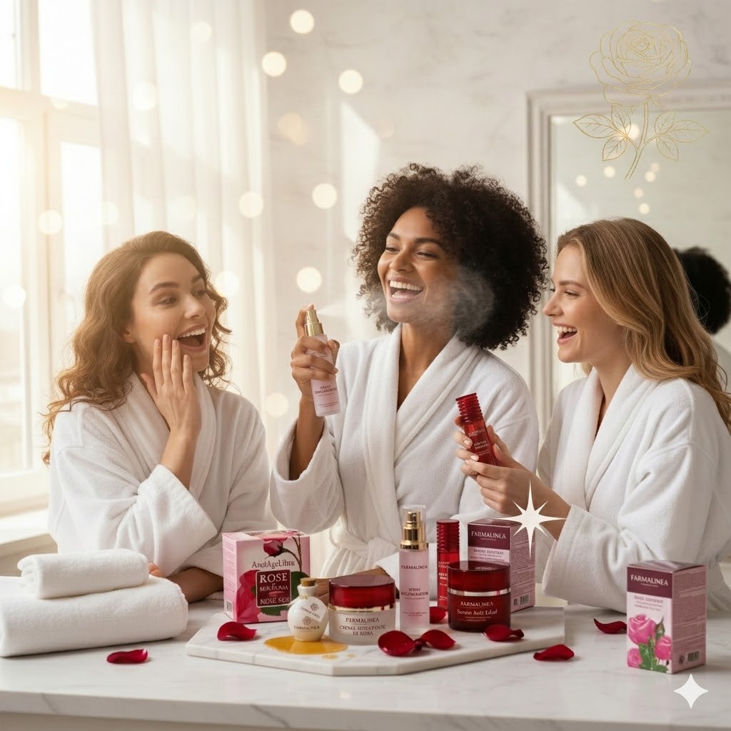 Mujeres con productos Farmalinea Rosa de Bulgaria - cosmética natural antiarrugas